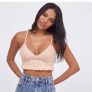 For Love and Lemons Peach Daisy Embroidered Buttons Knit Ruffle Hem Crop Top